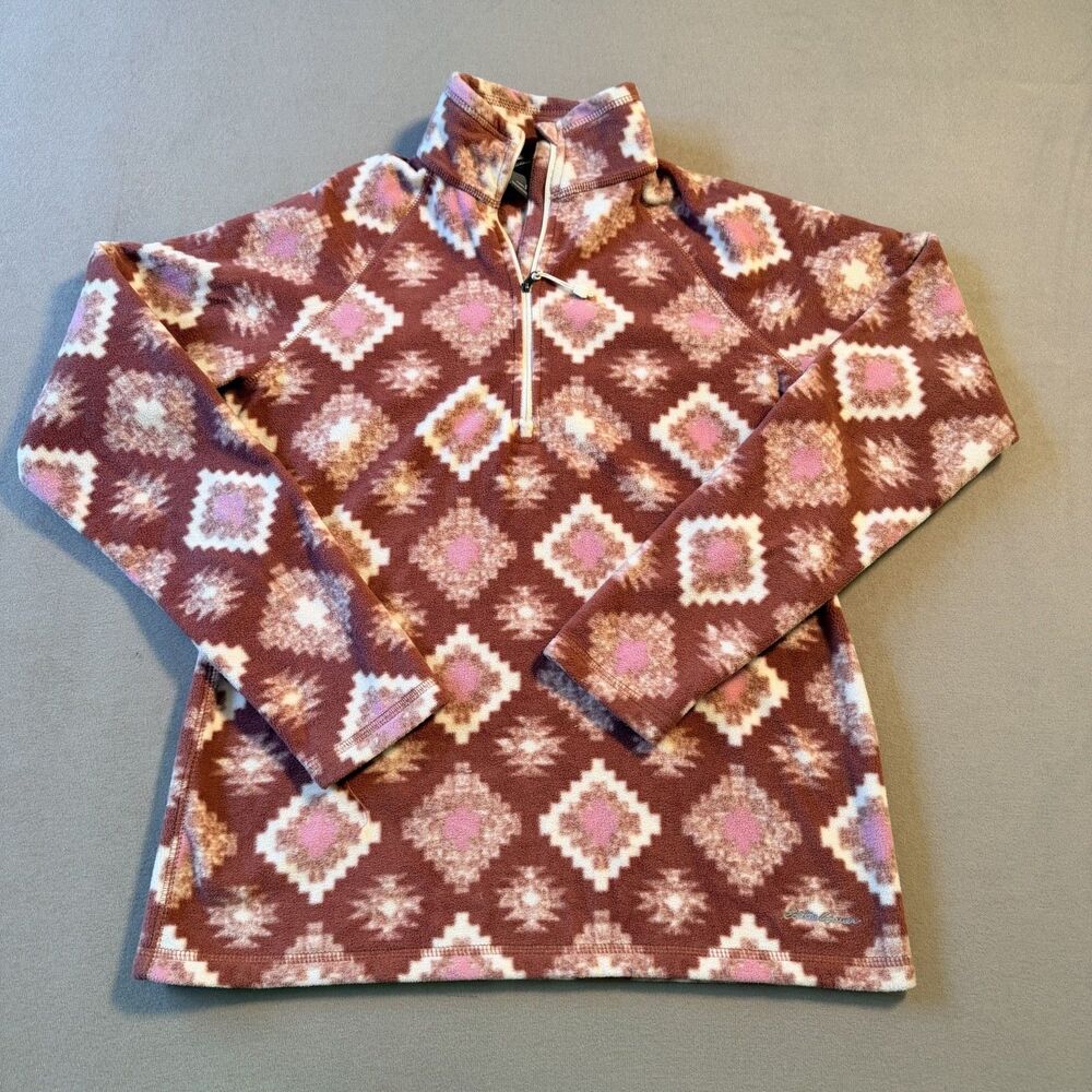 EDDIE BAUER Flannel Sweater Fleece Aztec Tribal 1/4 Zip Womens Size SMALL